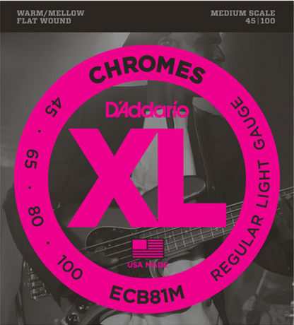 D'addario Chromes, Light, Medium Scale 45-100 Bass Guitar Strings ECB81M