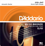 D'Addario 80/20 Bronze, Extra Light, 10-47 Acoustic Guitar Strings - EJ10