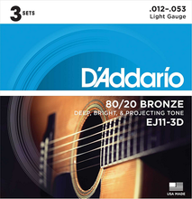 Load image into Gallery viewer, D&#39;addario 80/20 Bronze, Light, 12-53 Acoustic Guitar Strings - EJ11 3-PACK