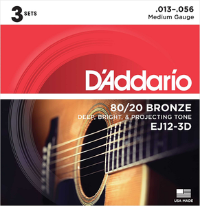 D'Addario 80/20 Bronze, Medium, 13-56 Acoustic Guitar Strings - EJ12 3-PACK