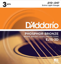 Load image into Gallery viewer, D&#39;addario Phosphor Bronze, Extra Light, 10-47 Acoustic Guitar Strings (3-Sets) EJ15-3D