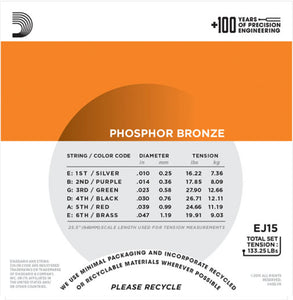 D'addario Phosphor Bronze, Extra Light, 10-47 Acoustic Guitar Strings - EJ15