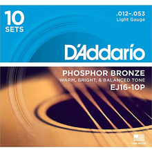 Load image into Gallery viewer, D&#39;addario Phosphor Bronze, Light, 12-53 Acoustic Guitar Strings (10-Sets) EJ16-10P