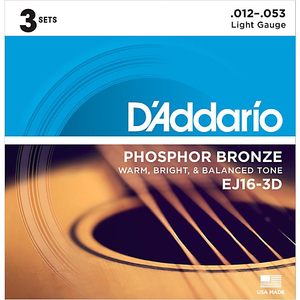 D'Addario Phosphor Bronze, Light, 12-53 Acoustic Guitar Strings (3-Sets) EJ16-3D