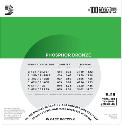 D'addario Phosphor Bronze, Heavy, 14-59 Acoustic Guitar Strings - EJ18