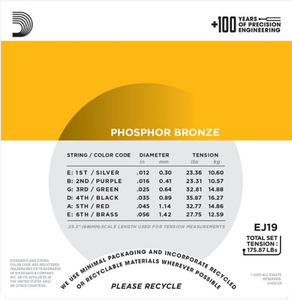 D'addario Phosphor Bronze, BLUEGRASS, 12-56 Acoustic Guitar Strings - EJ19