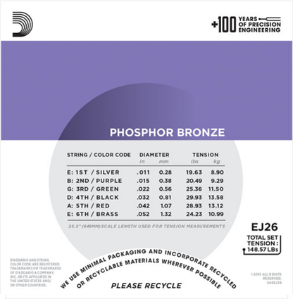 D'addario Phospher Bronze, Custom Light, 11-52 Acoustic Guitar Strings ( 10-Sets) EJ26-10P