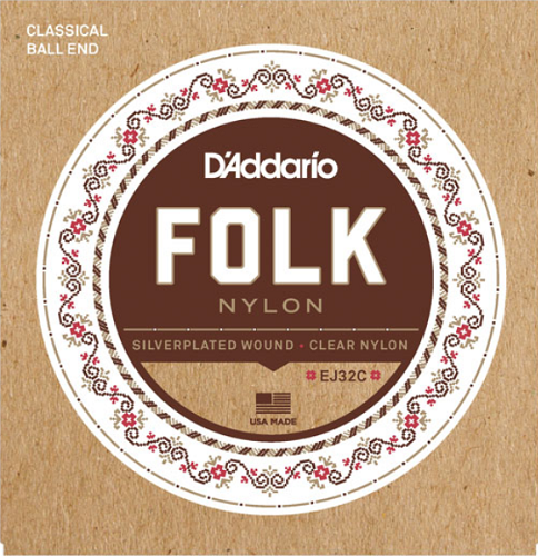 D'addario Folk Nylon, Ball END, Silver Wound/CLEAR Nylon Trebles Classical Guitar Strings