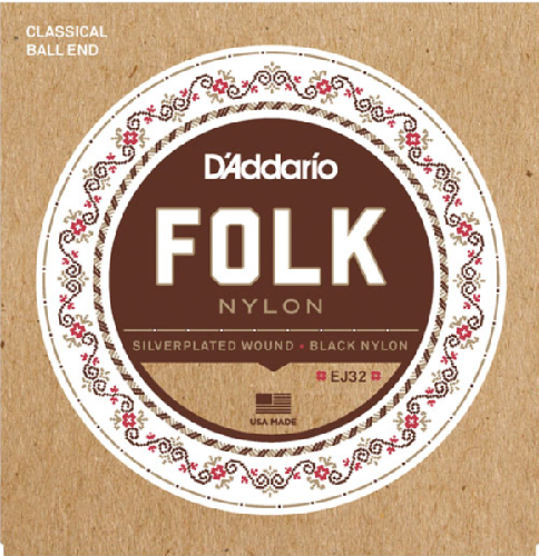 D'addario Folk Nylon Ball End Silver Wound Black Nylon Trebles Classical Guitar Strings