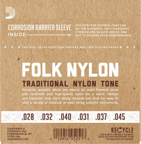 D'addario Folk Nylon, Ball END, 80/20 Bronze / Clear Nylon Trebles Classical Guitar Strings