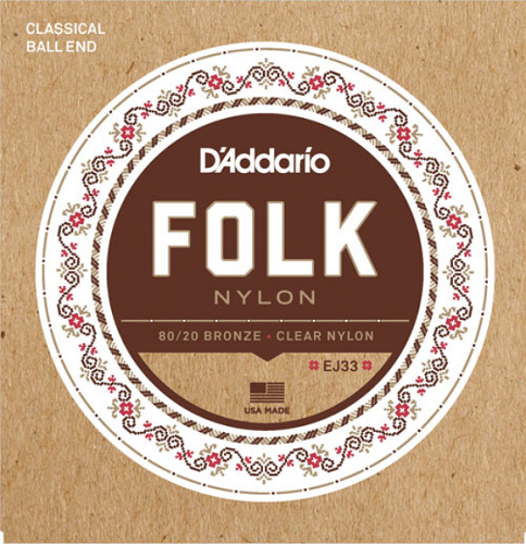 D'addario Folk Nylon, Ball END, 80/20 Bronze / Clear Nylon Trebles Classical Guitar Strings