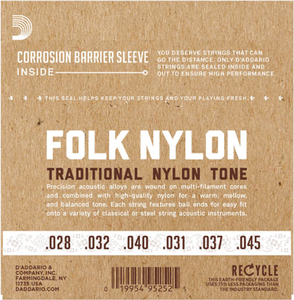D'addario Folk Nylon, Ball END, 80/20 Bronze / Black Nylon Trebles Classical Guitar Strings