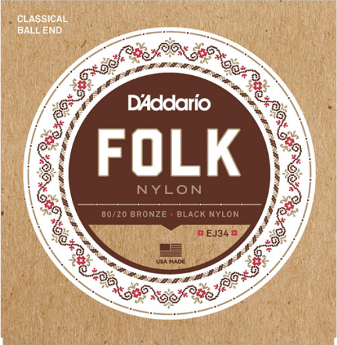 D'addario Folk Nylon, Ball END, 80/20 Bronze / Black Nylon Trebles Classical Guitar Strings