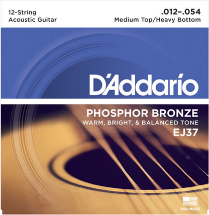 D'addario Phosphor Bronze, 12-String, Medium Top/Heavy Bottom, 12-54 Acoustic Guitar Strings EJ37