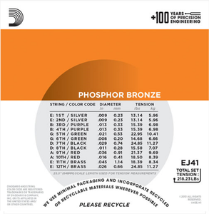 D'addario Phosphor Bronze, 12-String, Extra Light, 9-45 Acoustic Guitar Strings