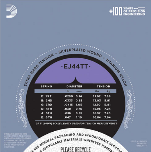 D'addario ProArte Dynacore Classical Guitar Strings, Titanium Trebles, Extra-Hard Tension -EJ44TT