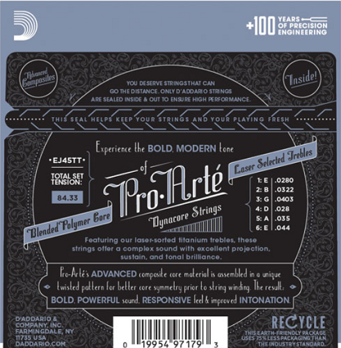 D'Addario Pro-Arte Dynacore, Titanium Trebles, Normal Tension Classical Guitar Strings - EJ45TT