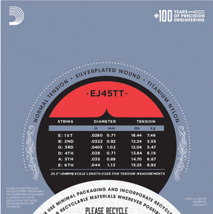 D'Addario Pro-Arte Dynacore, Titanium Trebles, Normal Tension Classical Guitar Strings - EJ45TT