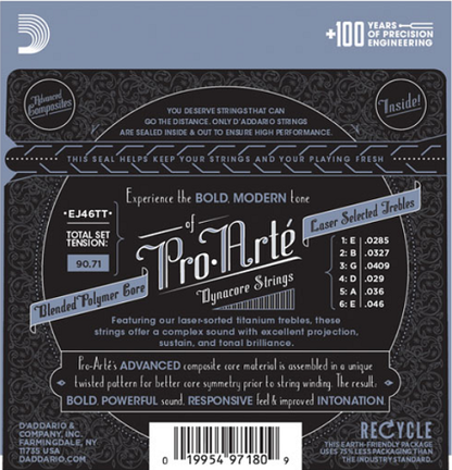 D'Addario ProArte Dynacore Classical Guitar Strings, Titanium Trebles, Hard Tension - EJ46TT