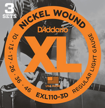 Load image into Gallery viewer, D&#39;Addario XL Nickel Round Wound, Regular Light, 10-46 Electric Guitar Strings (3 Sets) EXL110-3D