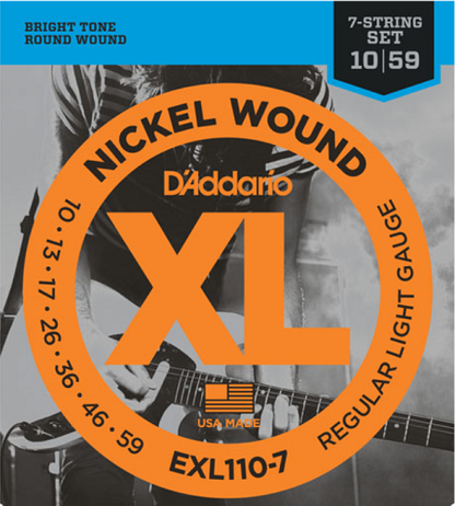 D'Addario Nickel Wound, 7-String, Regular Light,10-59 Electric Guitar Strings - EXL110-7