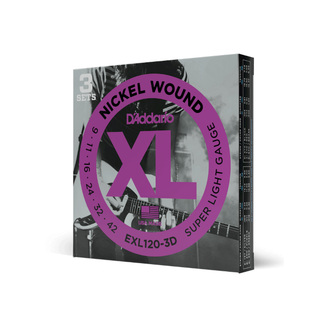 D'Addario Nickel Wound, Super Light, 9-42 Electric Guitar Strings (3 Sets) EXL120-3D