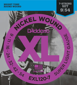 D'Addario Nickel Wound, 7-String, Super Light, 9-54 Electric Guitar Strings - EXL120-7