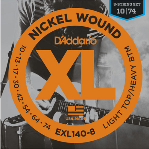 D'Addario Nickel Wound, 8-String, Light Top/Heavy Bottom, 10-74 Electric Guitar Strings - EXL140-8