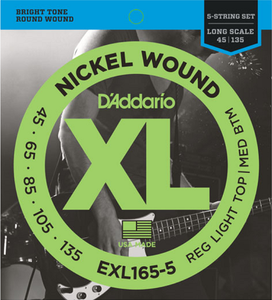 D'addario Nickel Wound 5-String, Custom Light, Long Scale, 45-135 Bass Guitar Strings EXL165-5