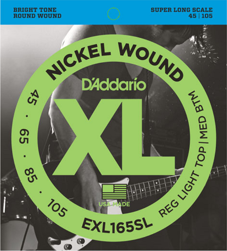 D'addario Nickel Wound, Custom Light, Super Long Scale, 45-105 Bass Guitar Strings EXL165SL