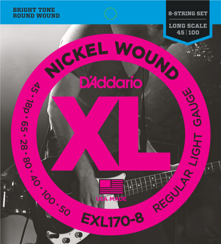 D'addario Nickel Wound, 8-String, Light, Long Scale, 32-130 Bass Guitar Strings EXL170-8