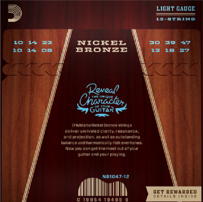 D'addario Nickel Bronze 12-String, Light, 10-47 Acoustic Guitar Strings