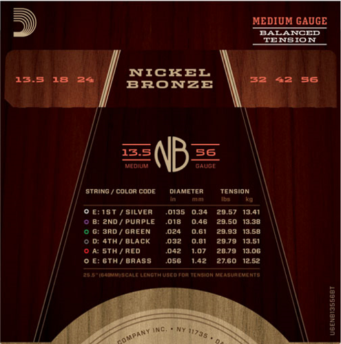 D'addario Nickel Bronze, Balanced Tension Medium, 13.5-56 Acoustic Guitar Strings