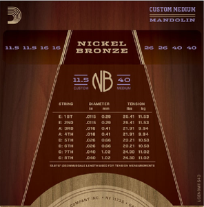 D'addario Nickel Bronze, Custom Medium, 11.5-40 Mandolin Strings