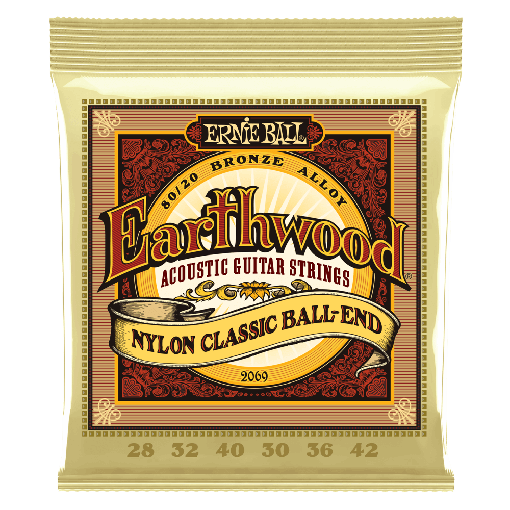 Ernie Ball Earthwood Folk Nylon - Clear & Gold Ball End - 80/20 Bronze Acoustic Guitar Strings - 28-42 Gauge - 2069