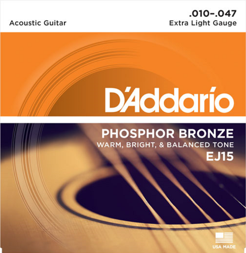 D'addario Phosphor Bronze, Extra Light, 10-47 Acoustic Guitar Strings - EJ15