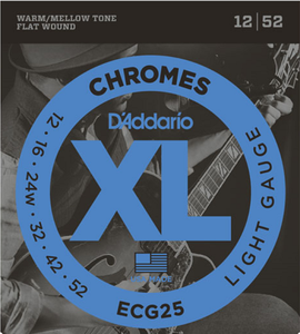 D'addario Chromes Flat Wound, Light, 12-52 Electric Guitar Strings - ECG25