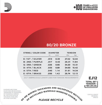 D'Addario 80/20 Bronze, Medium, 13-56 Acoustic Guitar Strings - EJ12 3-PACK