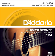 Load image into Gallery viewer, D&#39;Addario 80/20 Bronze, Light Top/Medium Bottom/BLUEGRASS, 12-56 Acoustic Guitar Strings - EJ14