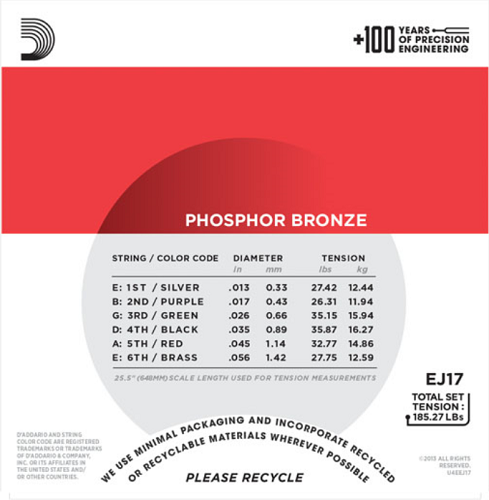 D'addario Phosphor Bronze, Medium, 13-56 Acoustic Guitar Strings (3-Sets) EJ17-3D