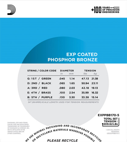 D'addario Coated Phosphor Bronze 5-String, Long Scale, 45-130 Acoustic Bass Guitar Strings